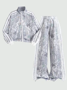 SHEIN 兒童青少年女孩休閒新款秋冬時尚葉子迷彩印花長袖拉鍊外套與長褲2件套，返校季，秋季服飾，冬季服飾，開襟外套套裝，青少年女孩套裝 - 淺灰色 - 查看 3