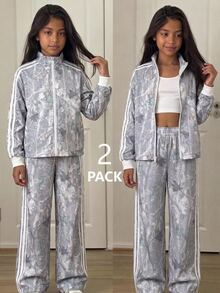 SHEIN 兒童青少年女孩休閒新款秋冬時尚葉子迷彩印花長袖拉鍊外套與長褲2件套，返校季，秋季服飾，冬季服飾，開襟外套套裝，青少年女孩套裝 - 淺灰色 - 查看 1