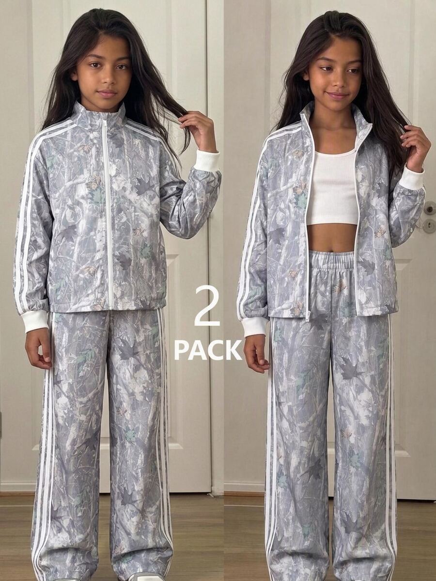 SHEIN 兒童青少年女孩休閒新款秋冬時尚葉子迷彩印花長袖拉鍊外套與長褲2件套，返校季，秋季服飾，冬季服飾，開襟外套套裝，青少年女孩套裝 - 淺灰色 - 查看 1