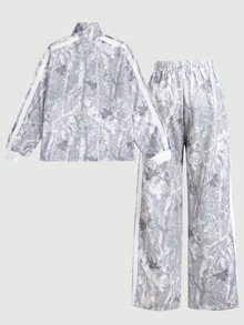 SHEIN 兒童青少年女孩休閒新款秋冬時尚葉子迷彩印花長袖拉鍊外套與長褲2件套，返校季，秋季服飾，冬季服飾，開襟外套套裝，青少年女孩套裝 - 淺灰色 - 查看 4