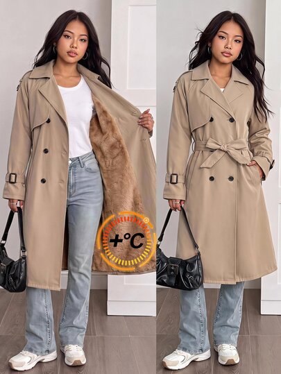 SHEIN Girlism Trenchcoat for tenåringsjenter, høst/vinter, khaki, casual preppy stil med termisk fôr, pelskant og belte, egnet til daglig bruk