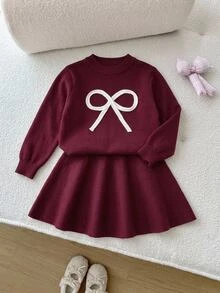 SHEIN Young Girl Knit Round Neck Contrast Color Bow Casual Sweater And Skirt 2 Pieces Set - Multicolor - View 3