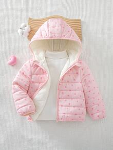 SHEIN 女童編織愛心圖案連帽拼接仿毛內裡休閒加厚外套，秋季服飾，冬季衣物，新款秋季童裝 - 黑色 - 查看 4