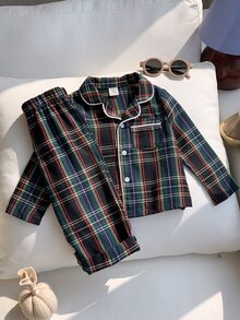SHEIN 2pcs Baby Boy Baby Girl Baby Boy Autumn/Winter Colorful Red & Green Plaid Pattern Turn Collar Long Sleeve Button-Up Top & Elastic Waist Long Pants, Suitable For Christmas - Multicolor - View 1