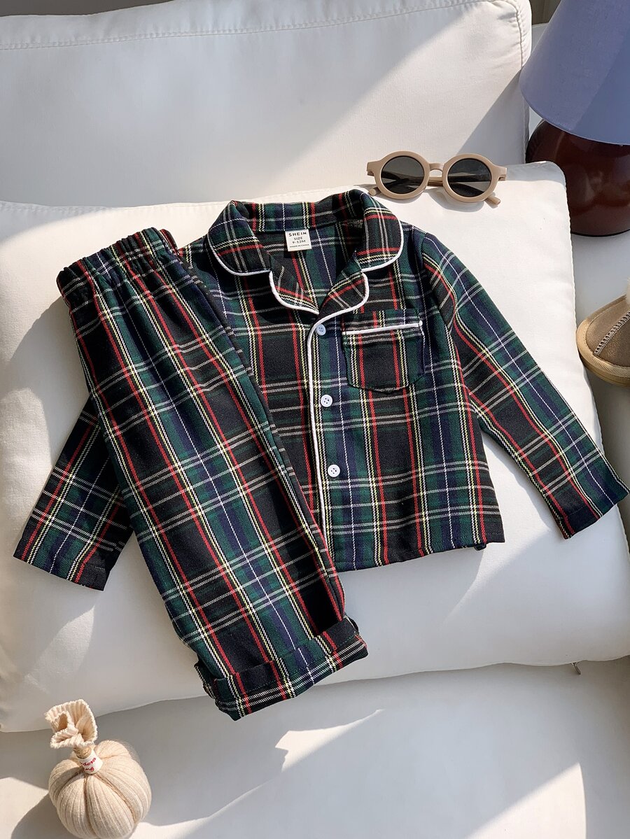 SHEIN 2pcs Baby Boy Baby Girl Baby Boy Autumn/Winter Colorful Red & Green Plaid Pattern Turn Collar Long Sleeve Button-Up Top & Elastic Waist Long Pants, Suitable For Christmas - Multicolor - View 1