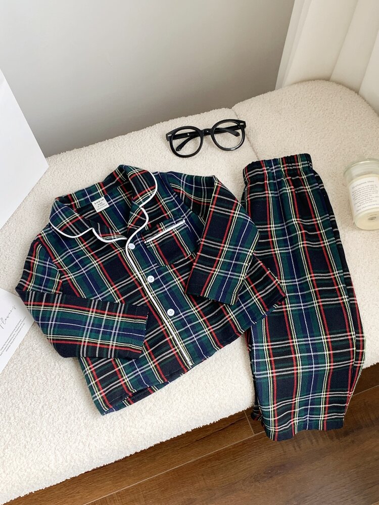 SHEIN 2pcs Baby Boy Baby Girl Baby Boy Autumn/Winter Colorful Red & Green Plaid Pattern Turn Collar Long Sleeve Button-Up Top & Elastic Waist Long Pants, Suitable For Christmas - Multicolor - View 4