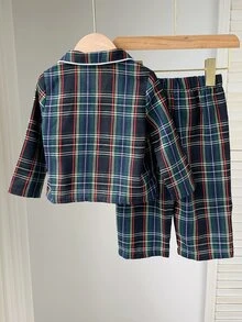SHEIN 2pcs Baby Boy Baby Girl Baby Boy Autumn/Winter Colorful Red & Green Plaid Pattern Turn Collar Long Sleeve Button-Up Top & Elastic Waist Long Pants, Suitable For Christmas - Multicolor - View 2