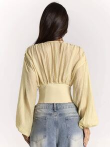SHEIN BAE Women's Solid Color V-Neck Lantern Sleeve Front Button Fashion Jacket - Apricot - View 2