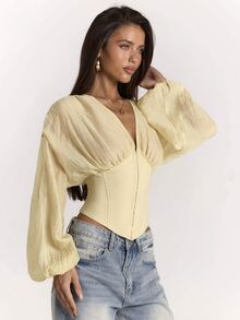 SHEIN BAE Women's Solid Color V-Neck Lantern Sleeve Front Button Fashion Jacket - Apricot - View 7