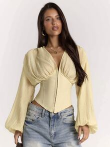 SHEIN BAE Women's Solid Color V-Neck Lantern Sleeve Front Button Fashion Jacket - Apricot - View 4