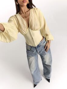 SHEIN BAE Women's Solid Color V-Neck Lantern Sleeve Front Button Fashion Jacket - Apricot - View 8