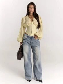 SHEIN BAE Women's Solid Color V-Neck Lantern Sleeve Front Button Fashion Jacket - Apricot - View 1