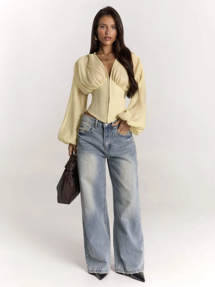 SHEIN BAE Women's Solid Color V-Neck Lantern Sleeve Front Button Fashion Jacket - Apricot - View 1