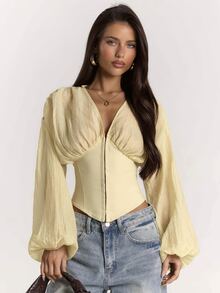 SHEIN BAE Women's Solid Color V-Neck Lantern Sleeve Front Button Fashion Jacket - Apricot - View 5