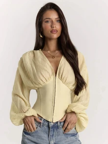 SHEIN BAE Women's Solid Color V-Neck Lantern Sleeve Front Button Fashion Jacket - Apricot - View 6