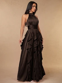 Silquee Gaun Satin Cokelat Model A-Line Model Halter untuk Musim Gugur/Dingin dengan Hiasan Ruffle Berlapis yang Rumit, Cocok untuk Pesta, Pernikahan, Ulang Tahun, Wisuda, dan Acara Klub. - Emas - View 8