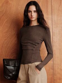 Anewsta Essential Women's Autumn/Winter New Brown Round Neck Long Sleeve Casual Ruched Design Top T-Shirt, Suitable For Daily Commute Wear - Coffee Brown - View 1