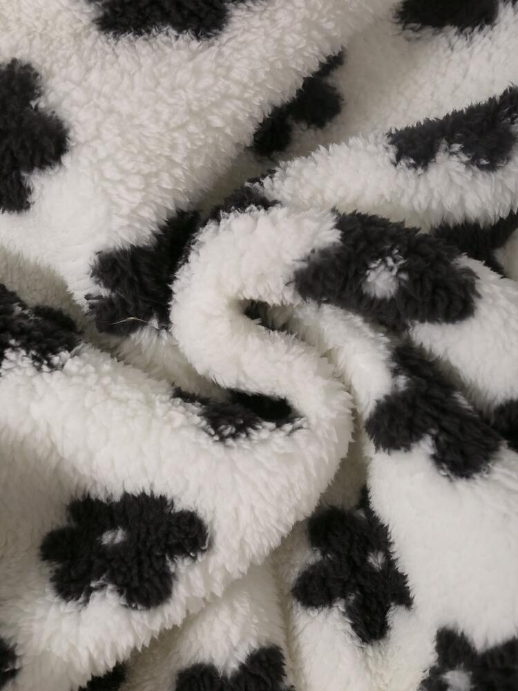 SHEIN Girls' Casual Cowgirl Cute Graphic Student School Floral Pattern Fleece Small Stand Collar Zipper Placket Long Sleeve Black And White Jacket Winter - White - View 8