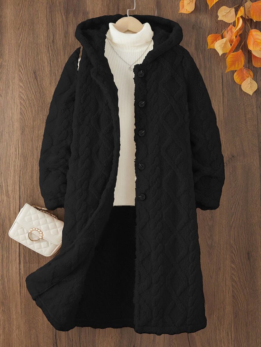 SHEIN Tween Girl Long Sleeve Fleece Casual Modest Baggy Solid Color Fluffy Hooded Coat, Winter Fall, Holiday School Formal Black
