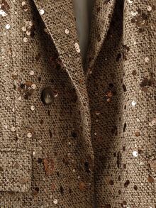 BELROSIE Women's Tan Sequin Embellished Chic Retro Fitted Blazer, Summer Elegant Dining Tweed Jacket, Sophisticated Versatile Design Suit, Dress Dinner Party - Gold - View 6