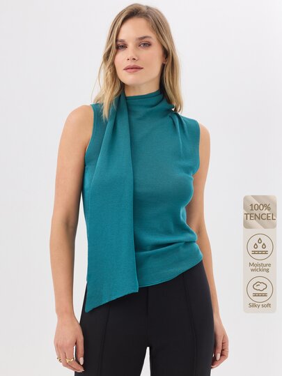 KÆRIA Hus Women's Solid Color Fashion Minimalist Elegant Collar Sleeveless Knit Top - Teal Green - Casual, Officewear, Occasion, Disco, Autumn, Summer, Office