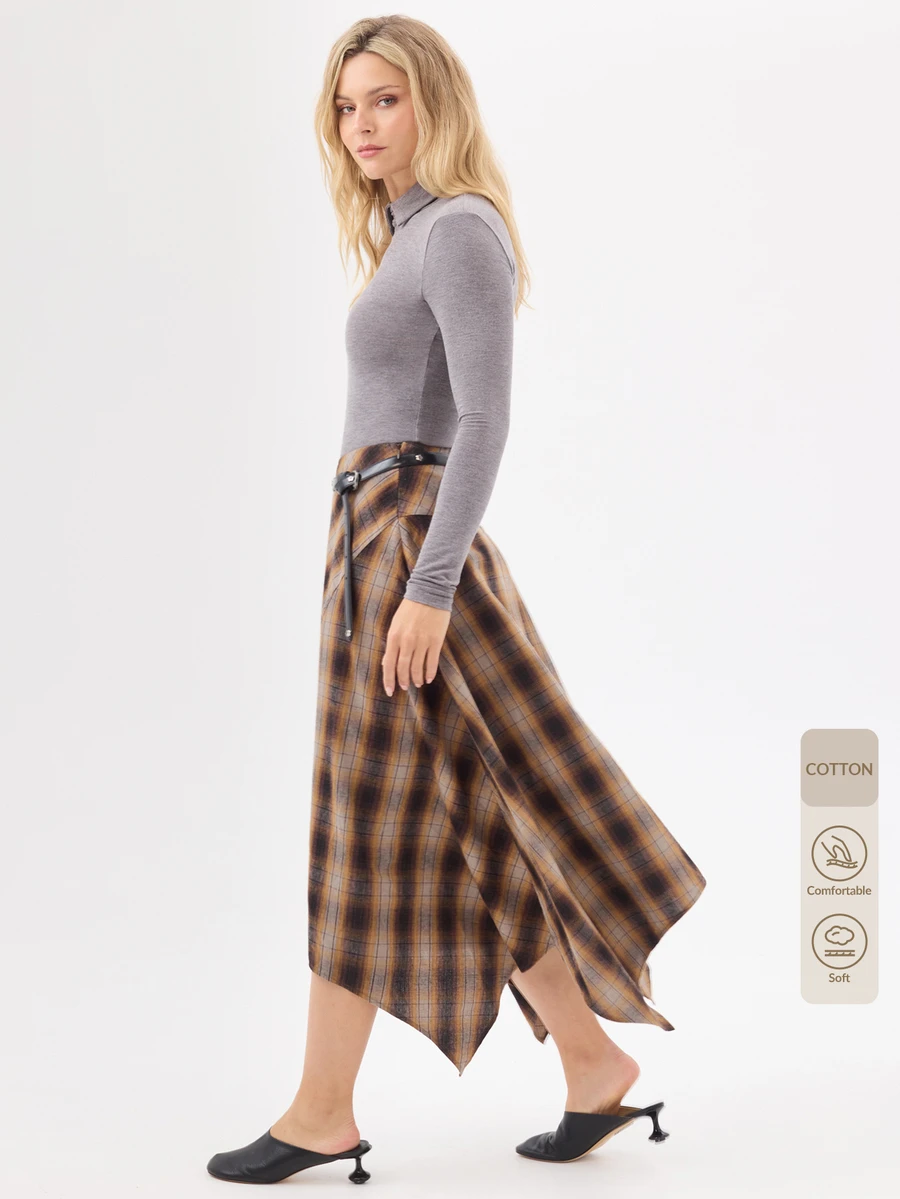 KÆRIA Hus Asymmetric Handkerchief Midi Skirt - Peached Drape - Brown Plaid Plaid - Plaid, Western Elegant, 90s, Draped, Boho Thanksgiving School Work Autumn - Brown - View 1