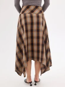 KÆRIA Hus Asymmetric Handkerchief Midi Skirt - Peached Drape - Brown Plaid Plaid - Plaid, Western Elegant, 90s, Draped, Boho Thanksgiving School Work Autumn - Brown - View 2