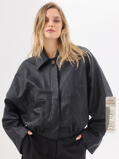 KÆRIA Hus Relaxed Button Down PU Jacket - Textured Leather Look - Black - Oversized, Utility, Minimalist