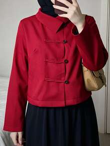 Celisse Women's Red Asymmetric Collar Button-Up Jacket, Elegant Commuter Style For Autumn/Winter - Red - View 6