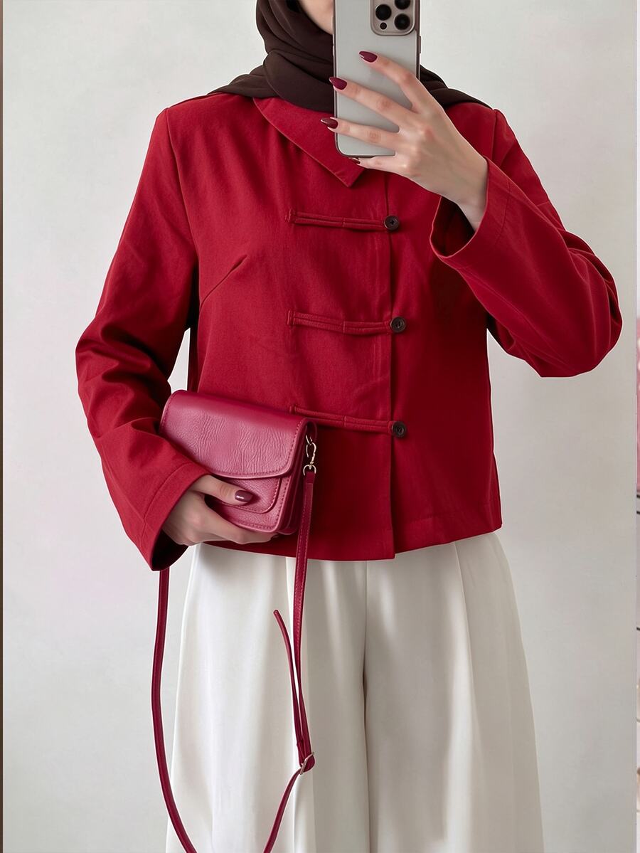 Celisse Women's Red Asymmetric Collar Button-Up Jacket, Elegant Commuter Style For Autumn/Winter - Red - View 1