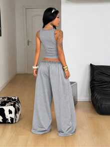 Coolane Women's Summer Knit Chic Elegant Going Out Casual Basic Solid Warm Grey Loose Lace Trim Drawstring 2 Pieces Spaghetti Strap Top And Wide Leg Pants Set - Light Grey - View 6