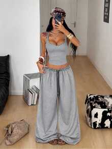 Coolane Women's Summer Knit Chic Elegant Going Out Casual Basic Solid Warm Grey Loose Lace Trim Drawstring 2 Pieces Spaghetti Strap Top And Wide Leg Pants Set - Light Grey - View 4