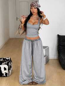 Coolane Women's Summer Knit Chic Elegant Going Out Casual Basic Solid Warm Grey Loose Lace Trim Drawstring 2 Pieces Spaghetti Strap Top And Wide Leg Pants Set - Light Grey - View 3