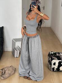 Coolane Women's Summer Knit Chic Elegant Going Out Casual Basic Solid Warm Grey Loose Lace Trim Drawstring 2 Pieces Spaghetti Strap Top And Wide Leg Pants Set - Light Grey - View 5
