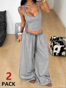 Coolane Women's Summer Knit Chic Elegant Going Out Casual Basic Solid Warm Grey Loose Lace Trim Drawstring 2 Pieces Spaghetti Strap Top And Wide Leg Pants Set - Light Grey - View 2
