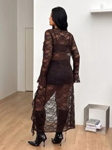 Coolane 女款大尺碼秋冬優雅性感派對晚宴正式度假外出夜店 Y2K Gyaru 風格蕾絲荷葉邊蝴蝶結棕色長大衣，萬聖節適用 - 咖啡棕 - 查看 4