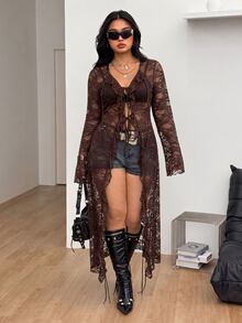 Coolane 女款大尺碼秋冬優雅性感派對晚宴正式度假外出夜店 Y2K Gyaru 風格蕾絲荷葉邊蝴蝶結棕色長大衣，萬聖節適用 - 咖啡棕 - 查看 7