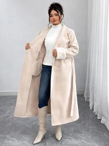 Elenzga معطف نسائي مقاس كبير جديد للخريف ثنائي الوجه، جاكيت صوف طويل فاخر أنيق بحزام، تصميم أزرار مزخرفة معدنية، مناسب للمناسبات الرسمية المسائية، أبيض - لون مشمشي - مشاهدة 6