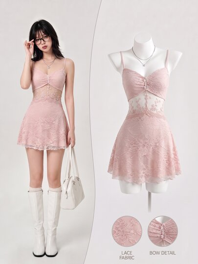 Elamini Women's Sexy Cute Y2K Lace Patchwork Sheer Floral Trim Dress Party Night Soft Pink Summer