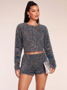 Glamine Tie-Dye Plush Round Neck Button Long Sleeve Top And Shorts 2 Pieces Set - Multicolor - View 1