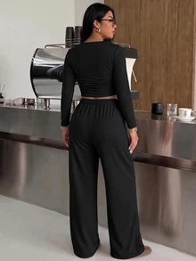 Muchica Plus Size Letter Print Long Sleeve Top And Drawstring Waist Loose Pants 2 Pieces Set Fall - Black - View 2