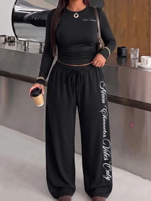 Muchica Plus Size Letter Print Long Sleeve Top And Drawstring Waist Loose Pants 2 Pieces Set Fall - Black - View 3