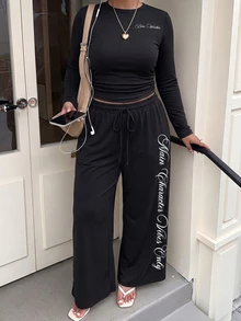 Muchica Plus Size Letter Print Long Sleeve Top And Drawstring Waist Loose Pants 2 Pieces Set Fall - Black - View 5