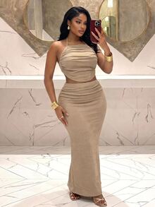 Slaydiva Plus Size Women Solid Color Ruched Halter Neck Tank Top And Skirt Slim Fit Fashion Two Pieces Set - Khaki - View 5