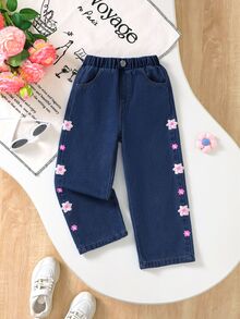 1pc Girls Casual Floral Denim Straight Leg Pants - Navy Blue - View 1