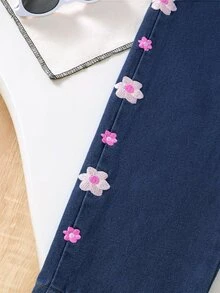 1pc Girls Casual Floral Denim Straight Leg Pants - Navy Blue - View 6