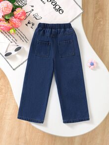 1pc Girls Casual Floral Denim Straight Leg Pants - Navy Blue - View 2