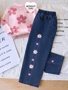 1pc Girls Casual Floral Denim Straight Leg Pants - Navy Blue - View 5