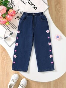 1pc Girls Casual Floral Denim Straight Leg Pants - Navy Blue - View 4