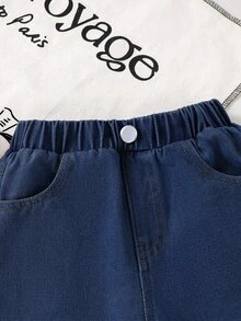 1pc Girls Casual Floral Denim Straight Leg Pants - Navy Blue - View 7